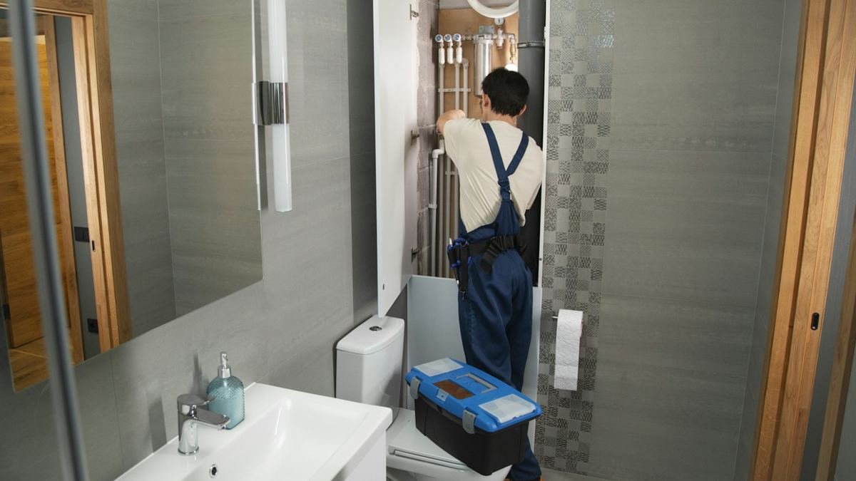 Plumber repairing pipes in a bathroom
